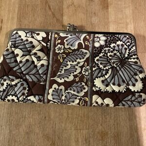 Vera Bradley Double Kisslock Quilted Fabric Clutch Wallet Brown & Grey Print